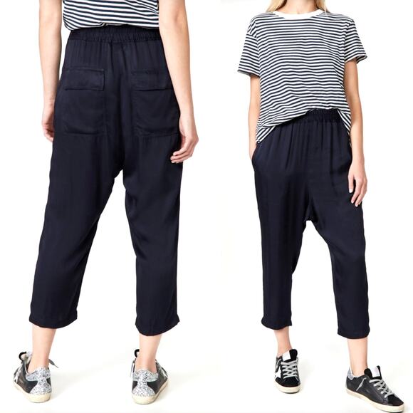 Nili Lotan M Elastic Waist LINEN Luna Pant Drop Crotch Crop Slouchy Washed Black